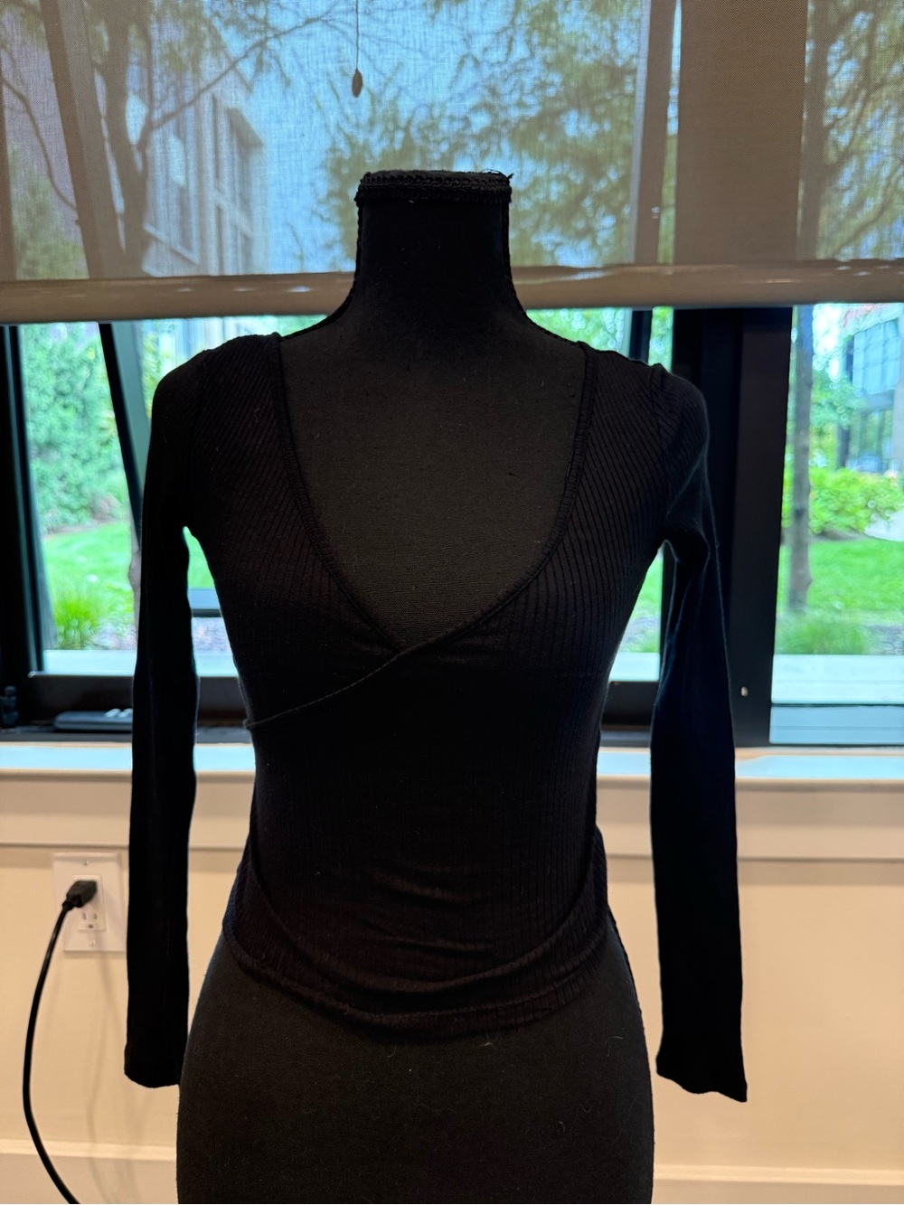 H&M Black Ribbed Wrap V-Neck Long-Sleeve Top